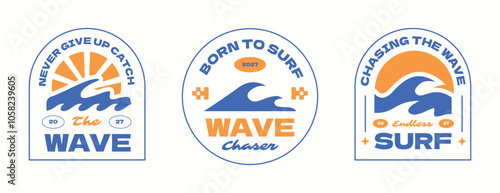Surf club logos badge. Tropical sunset vibes apparel design template