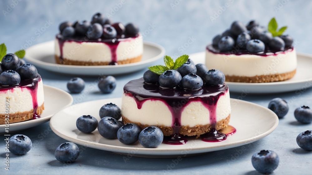 Round mini cheesecake with blueberry syrup sauce topping and fresh blueberries and cheesecakes in background Round mini cheesecake with blueberry syrup sauce topping and fresh blueberries and cheesecakes in background