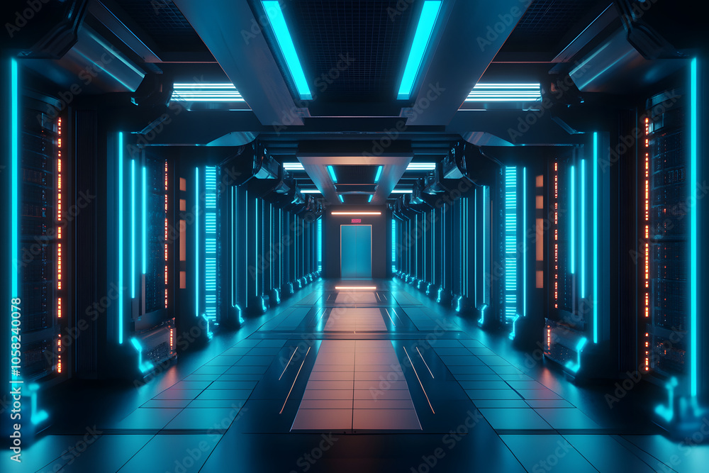 Fototapeta premium modern data center interior, rows of powerful servers glowing with blue lights, surrounded by a high-tech cooling system