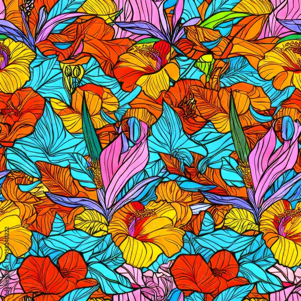 Fototapeta premium seamless pattern of bold tropical flowers, including hibiscus and bird of paradise, in bright, contrasting colors