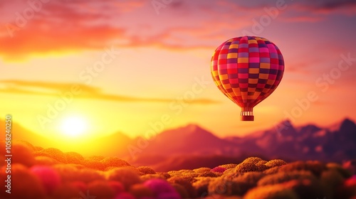 A vibrant hot air balloon soaring above colorful hills during a stunning sunset, with majestic mountains in the background. photo