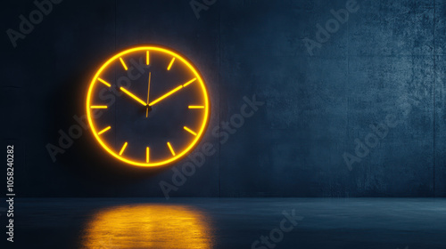 Wallpaper Mural glowing neon clock on dark wall, casting reflections on floor, creating modern ambiance Torontodigital.ca