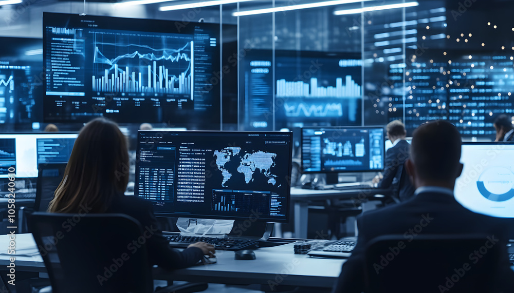 a busy modern office with people working on computers, high-tech devices, and digital screens displaying analytics data a busy modern office with people working on computers, high-tech devices, and digital screens displaying analytics data