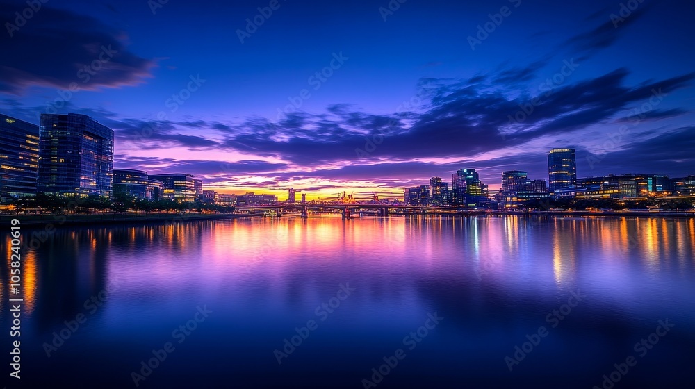 A vibrant sunset over a city skyline reflecting on calm waters. A vibrant sunset over a city skyline reflecting on calm waters.