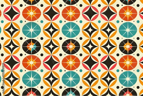 Retro geometric pattern with circles in bold colors, perfect for vintage-inspired and playful design projects