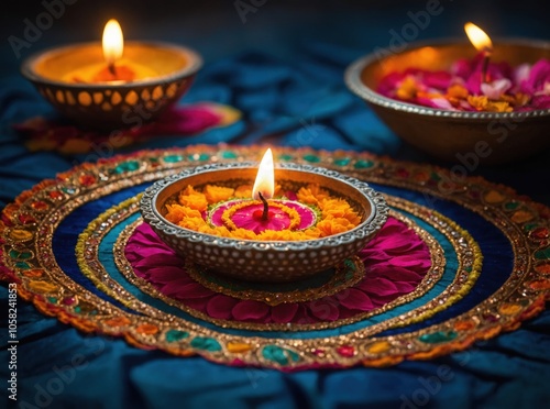 The festive season of Diwali is celebrated with vibrant lights, artistic rangoli, and joyful festivities photo