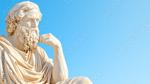 Bust of a thoughtful philosopher against a clear blue sky, symbolizing wisdom and contemplation in ancient art.