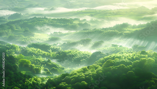 Fog in nature, beautiful natural scene view of fog in the forest with landscape by AI generative.