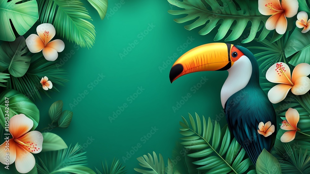 Obraz premium Colorful toucan perched among lush tropical leaves and blossoms, creating a vibrant and lively nature scene perfect for exotic-themed designs.