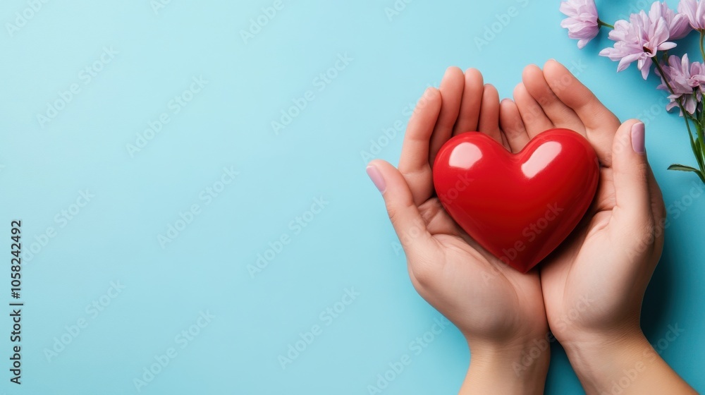 Caring Hands with Heart Shape on Blue Background Caring Hands with Heart Shape on Blue Background