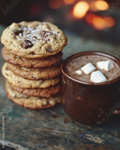 Stack of chocolate chip cookies with sea salt and a cup of hot cocoa with marshmallows, cozy fall dessert photo