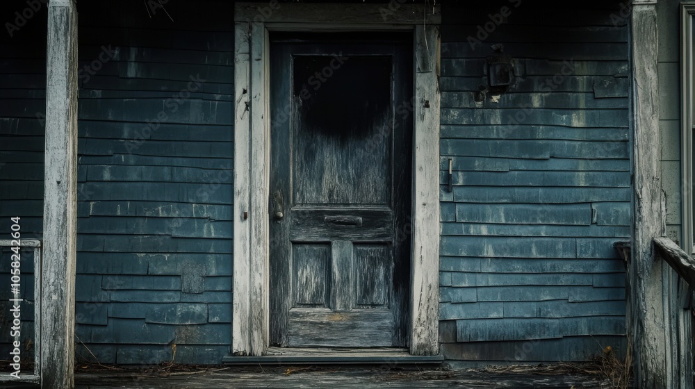 An unsettling abandoned house with a cracked door slightly ajar, An unsettling abandoned house with a cracked door slightly ajar,