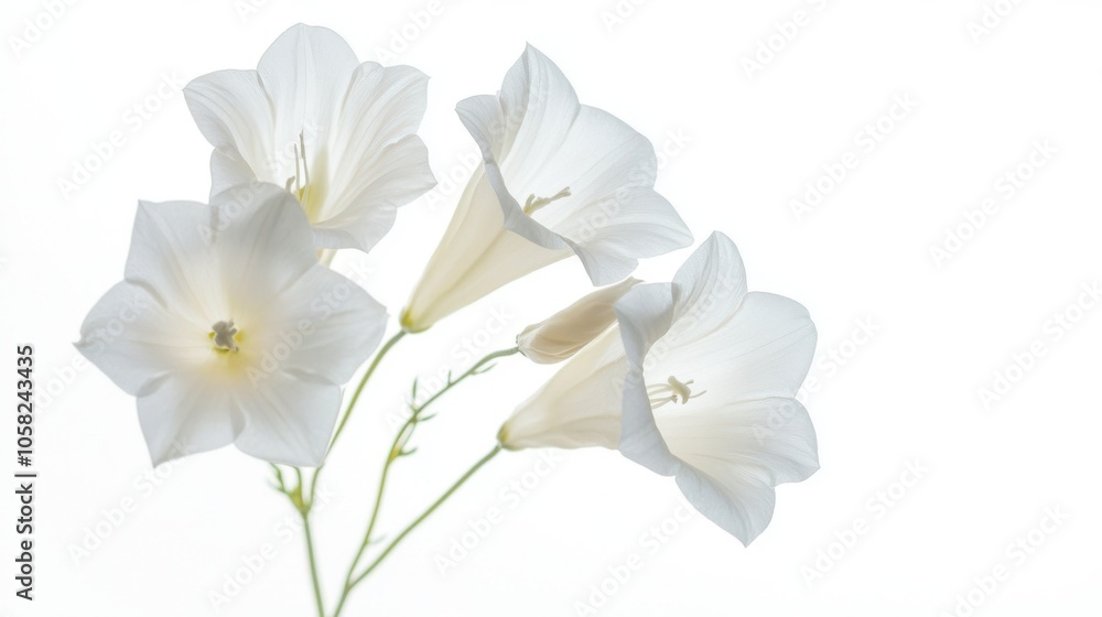 High-detail white bell flowers isolated on a pure white background, High-detail white bell flowers isolated on a pure white background,