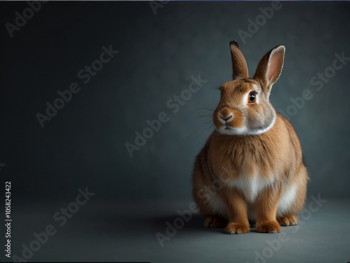 A rabbit on a textured grey surface with ample blank space. photo