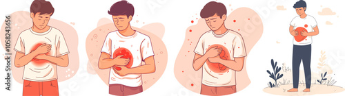 Illustrations of a Person Experiencing Stomach Pain or Discomfort, Depicting Symptoms of Digestive Issues,stomach pain, digestive discomfort, abdominal pain