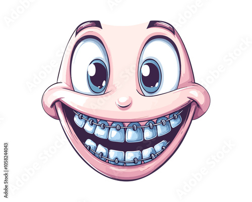 Cartoon Character Face with Big Eyes and a Wide Smile Showing Braces on Teeth Vector Design,cartoon face, braces smile, cartoon character