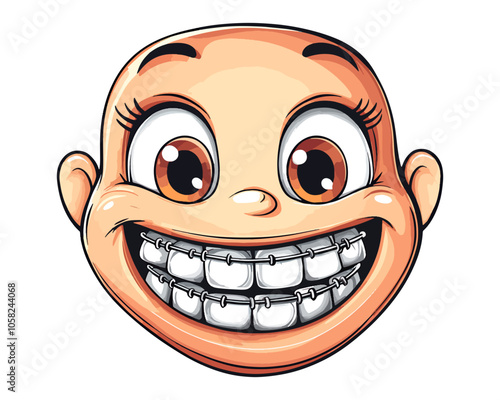 Cheerful Cartoon Emoji with Braces  Big Eyes, Wide Smile, Expressive Face Vector Design