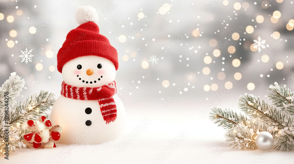 A cute snowman with a red hat and scarf, a winter background, Christmas decorations, a snowy scene, pine branches covered in white snowflakes, twinkling lights, a bokeh effect, vibrant colors, A cute snowman with a red hat and scarf, a winter background, Christmas decorations, a snowy scene, pine branches covered in white snowflakes, twinkling lights, a bokeh effect, vibrant colors,