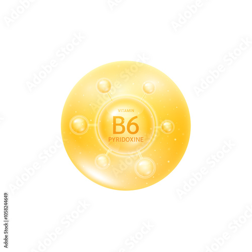 Vitamin B6 pyridoxine molecule orange. Collagen vitamins complex from nature. For beauty skin care cosmetic advertising. Medical scientific concepts. 3D Vector EPS10.