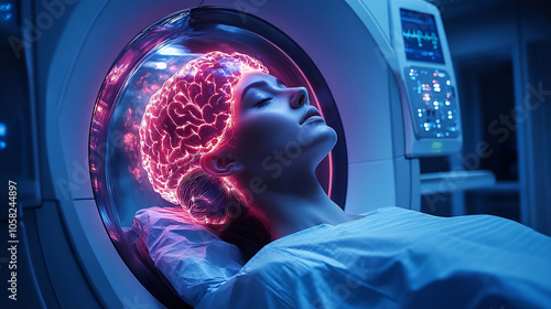 patient inside fMRI her brain glows, visual representation of brain scan