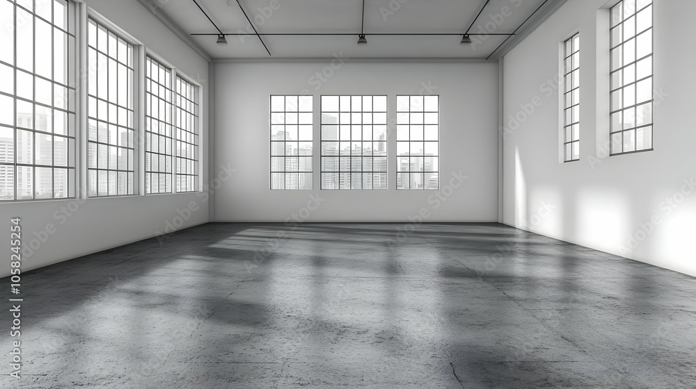 3D Illustration Empty Room with City View Windows and Concrete Floor 3D Illustration Empty Room with City View Windows and Concrete Floor