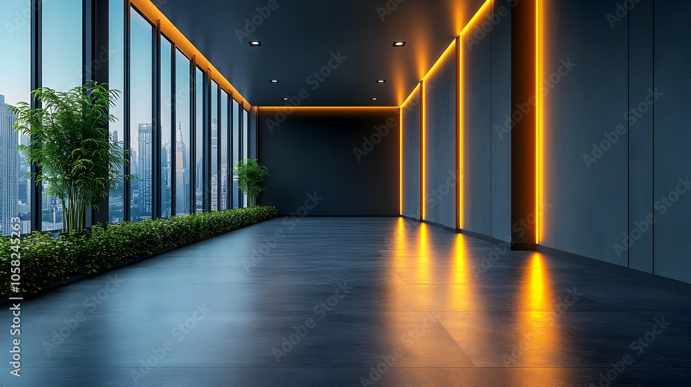 Modern Office 3D Illustration: Cityscape View with Neon Lights
