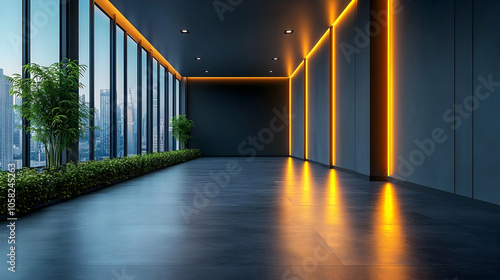 Obraz na płótnie Modern Office 3D Illustration: Cityscape View with Neon Lights w salonie