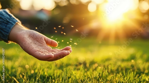 Child s hand with mosquito bites, playing in backyard, evening outdoor scene photo