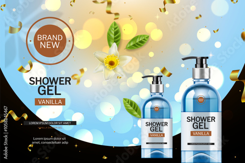 Shower gel cosmetics vector realistic Product placement vanilla scent Background with detailed
