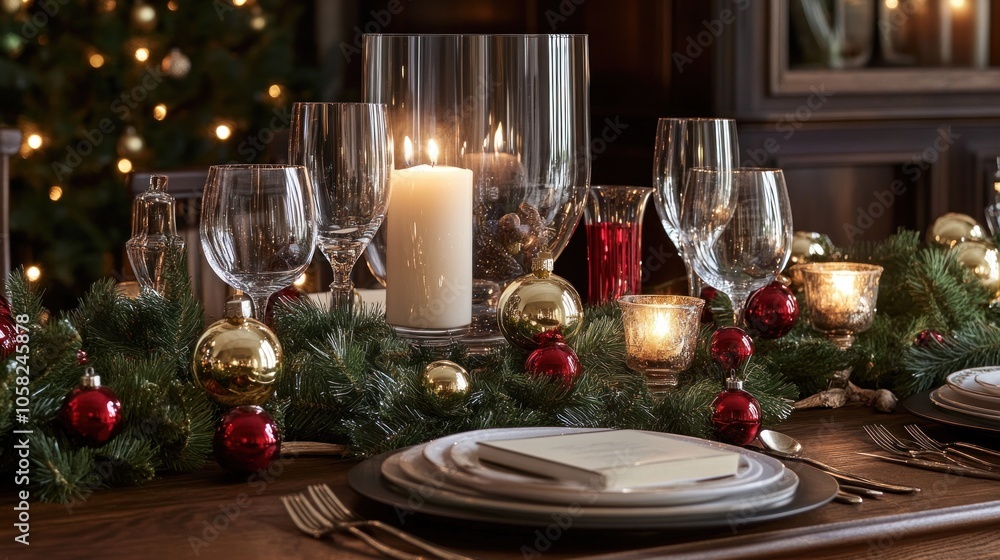 A beautifully set table for a Christmas dinner with a centerpiece of evergreen garland, red and gold ornaments, and lit candles. A beautifully set table for a Christmas dinner with a centerpiece of evergreen garland, red and gold ornaments, and lit candles.