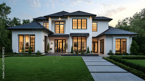 Modern White House Illustration with Black Trim and Lush Green Lawn