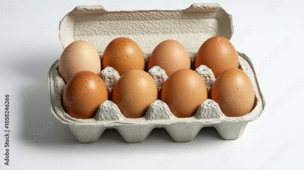 A carton of six brown eggs on a white background. A carton of six brown eggs on a white background.
