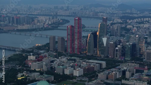 Twilight Aerial: Seoul Skyscrapers, 서울, 여의도, 한강