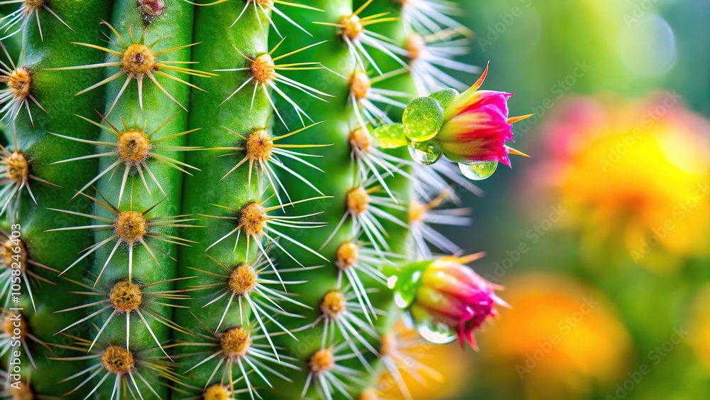 A close-up shot of a dripping green cactus stem with exotic flowers around it, botanical details, flower arrangement, unique plants A close-up shot of a dripping green cactus stem with exotic flowers around it, botanical details, flower arrangement, unique plants