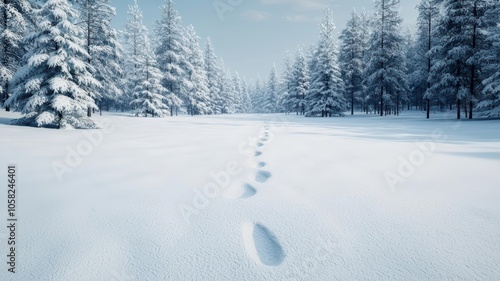 Snow-covered trees with wildlife tracks, an outdoor scene filled with nature s beauty, nature outdoors photo