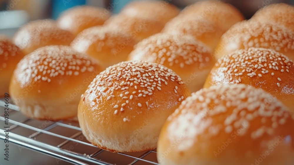 Freshly baked sesame seed hamburger buns on a cooling rack.