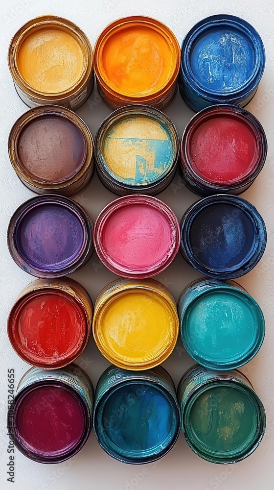 brightly colored paint cans arranged neatly against a white background showcasing a spectrum of shades ideal for artistic and creative projects brightly colored paint cans arranged neatly against a white background showcasing a spectrum of shades ideal for artistic and creative projects