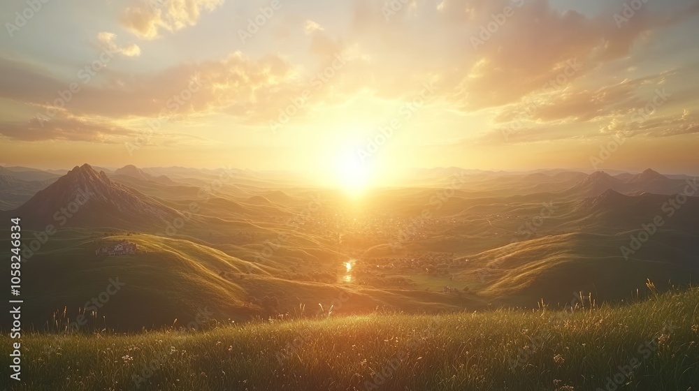 A picturesque sunset over rolling green hills with a river winding through the valley. A picturesque sunset over rolling green hills with a river winding through the valley.