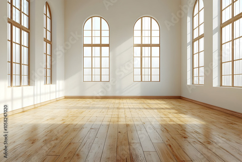 Empty Room 3D Illustration with Arched Windows and Wooden Floor