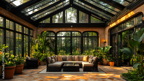 A Spacious Glass Greenhouse Showcasing Exotic Plants and Vibrant Flowers in a Bright, Lush Environment 