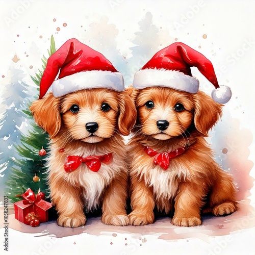 two dogs in santa hats with a Christmas backgroound