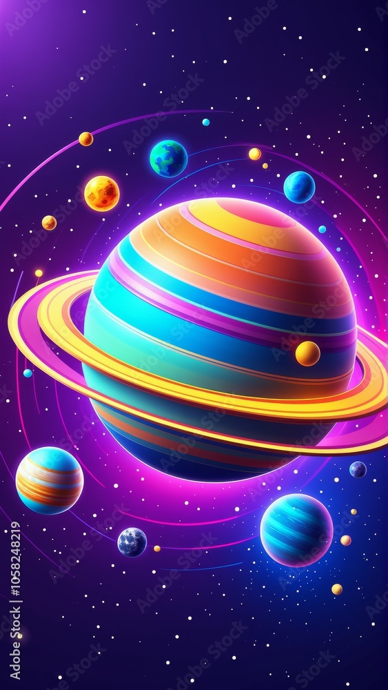 Vibrant neon space art featuring planetary systems and cosmic orbits Vibrant neon space art featuring planetary systems and cosmic orbits