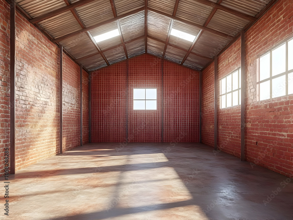 Empty Industrial Interior Background - Red Brick, Sunlight Empty Industrial Interior Background - Red Brick, Sunlight