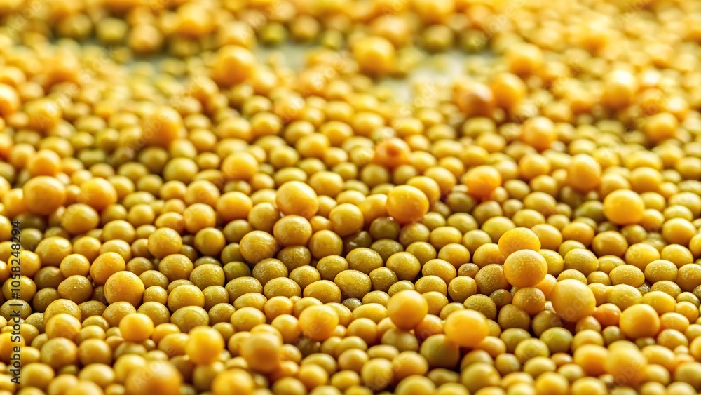 A cluster of greenish-yellow mustard seeds on a damp surface, with some slime droplets clinging to them, laboratory, green, microbiology, food A cluster of greenish-yellow mustard seeds on a damp surface, with some slime droplets clinging to them, laboratory, green, microbiology, food