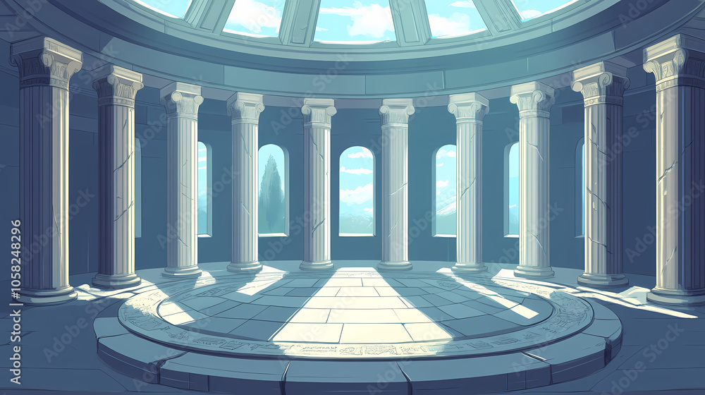 Fototapeta premium A large circular stone greek style column room with stone pillars. Ancient Relic Room. Illustration