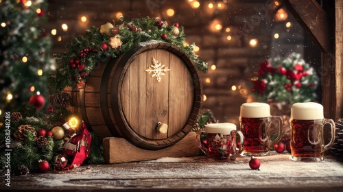 A wooden barrel decorated with Christmas ornaments and two glasses of beer on a wooden table with snow.