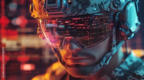 Close-up of a soldier wearing futuristic goggles with digital display.