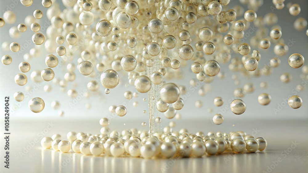 A cluster of tiny drops of clear slime hang suspended in mid-air above an ivory surface, each one slightly larger than the last, goo, droplets A cluster of tiny drops of clear slime hang suspended in mid-air above an ivory surface, each one slightly larger than the last, goo, droplets