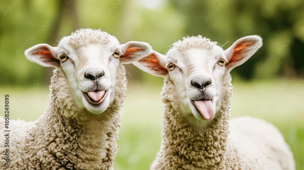 Obraz premium Two playful sheep sticking out their tongues in a green field.