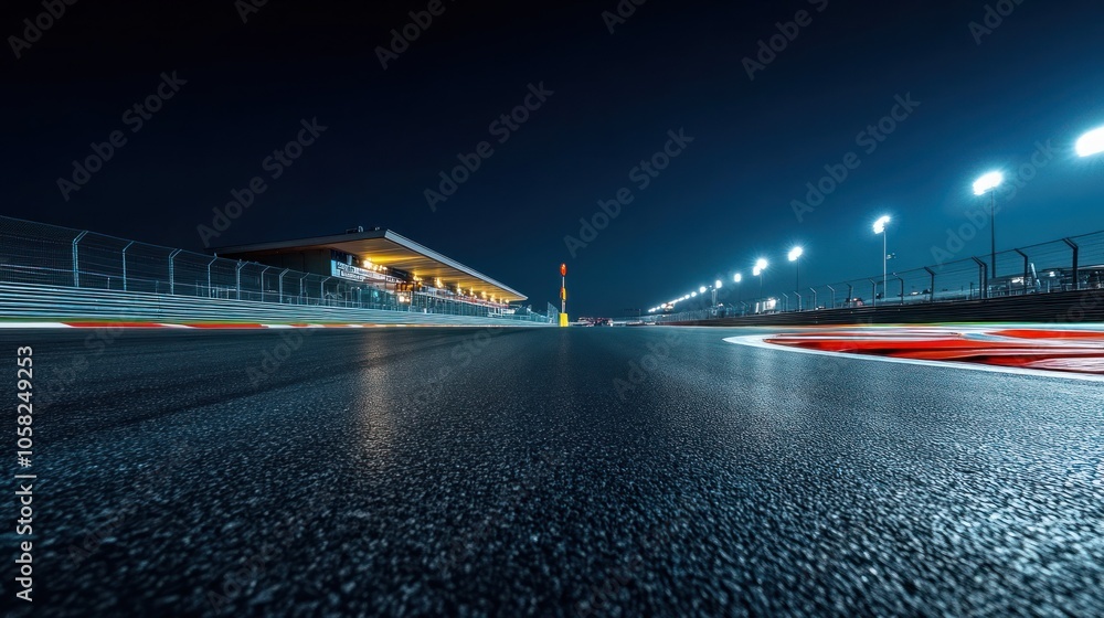 An empty race track at night, illuminated by lights. The asphalt surface gleams under the artificial light. An empty race track at night, illuminated by lights. The asphalt surface gleams under the artificial light.